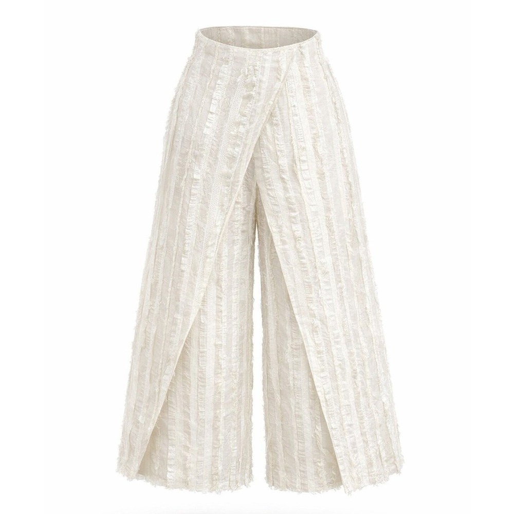 Thakoon White Silk Blend Cropped Faux Wrap Fringe‎ Pants Side Zip Closure